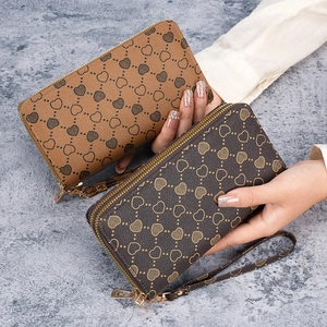 Women long double zipper wallet with heart pattern and wristlet in brown and tan