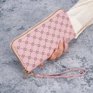 Women Fashion Long Zip Around Wallet Synthetic Leather Monogram Wristlet Phone Bag Clutch Handbag Purse For Daily Dating