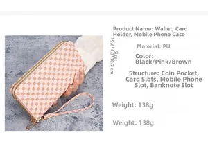 Pink PU leather wallet featuring geometric prints, internal card slots and a wrist strap