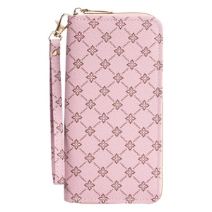 Pink floral long zipper wallet with wristlet strap and textured cross-pattern leather
