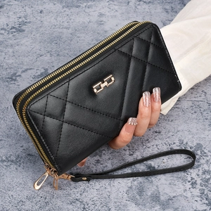 Women Long Wallet Quilted Rhombus PU Leather Double Zipper Clutch Bag With Wristlet Strap Large Capacity Card Holder Phone Pocket