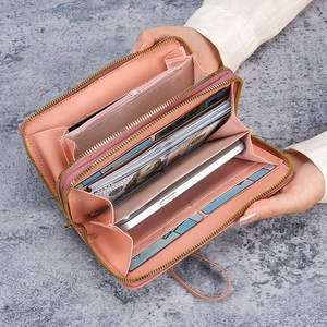 Pink double zipper women long wallet with large capacity and phone compartment