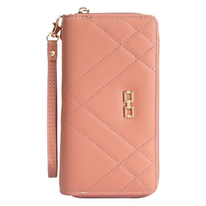 Pink quilted long wallet for women with golden H-logo hardware and wrist strap
