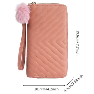 Pink V-quilted long zipper wallet dimensions showing length 19.6cm and width 10.7cm