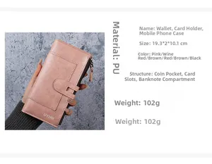 Détails du portefeuille long en cuir PU rose avec dimensions 19,3x10,1 cm et rangement