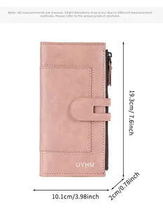 Vue détaillée du portefeuille long pour femmes en cuir PU avec dimensions précises
