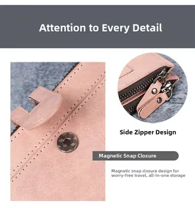 Détail du portefeuille en cuir PU rose avec doubles fermetures éclair et fermoir aimanté