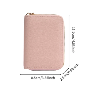 Pink pebbled leather wallet with zipper, 11.5x8.5x2.5cm large capacity card holder
