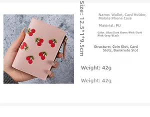 Pink short wallet with cherry embroidery showing detailed dimensions and card slots