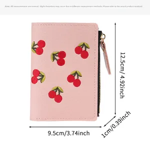 Pink cherry embroidered leather wallet dimensions showing 12.5cm height and 9.5cm width