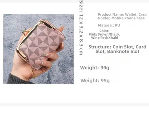 Detailed specs of compact PU wallet showing dimensions and multiple color options