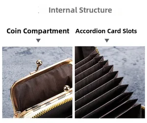 Internal view of compact wallet showing accordion card slots and metal coin compartment