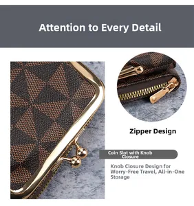 Detail of checkered leather wallet with gold zipper and vintage twist lock closure