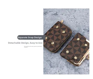 Detail of snap-button detachable wallet featuring geometric triangle pattern and metal clasp