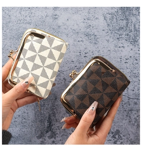 Detail of mini kiss-lock coin purses with geometric patterns and side zipper structure