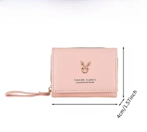 Detailed size specifications of pink PU leather wallet with golden antlers logo