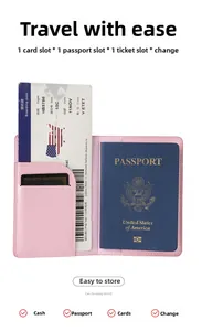 Internal layout detail of pink faux leather passport holder showing card and ticket slots