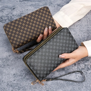 Classic double zipper PU leather clutch bag with vintage pattern and wrist strap