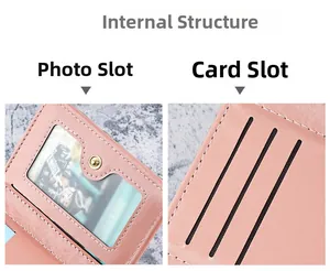 Detail view of pink PU leather wallet interior showing photo window and card slots