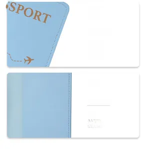 Detail view of light blue leather passport holder showing gold stamping and neat stitching