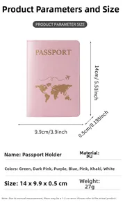 Detailed size specifications for pink faux leather passport holder with gold embossing