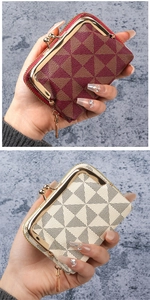 Close-up of vintage geometric coin purses with metal clasps and zipper details
