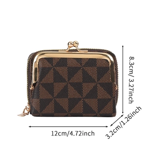 Compact patchwork wallet with coin pouch and dimensions 12cm x 8.3cm x 3.2cm in brown tones