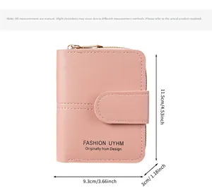 Pink short wallet dimensions showing 11.5cm height, 9.3cm width, and 3cm thickness