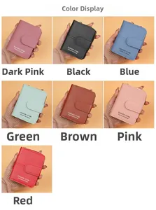 Short women's wallets display in seven colors with grain leather and zipper closure