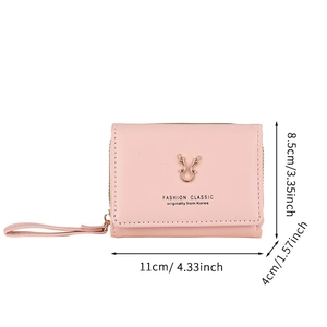Pink PU leather tri-fold mini wallet with metal reindeer horns and dimensions 11x8.5x4cm