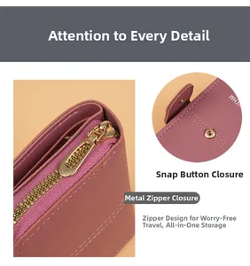 Detail of soft pink leather wallet with sturdy metal zipper and snap button closure