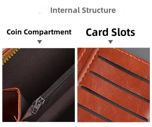 Détail de l'intérieur du portefeuille en cuir brun avec poche zippée et fentes cartes