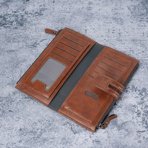 Portefeuille long pour femme en cuir PU marron avec fentes pour cartes et poche téléphone
