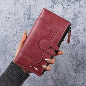 Portefeuille long femme en cuir PU bordeaux avec double fermeture éclair et bouton pression