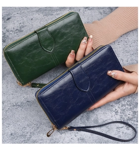 Portefeuilles longs en cuir ciré vert et bleu foncé avec fermeture éclair et dragonne