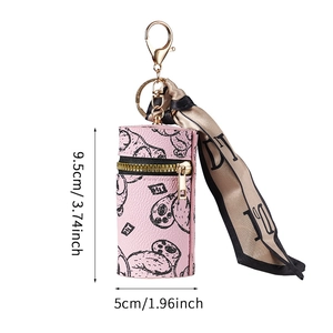 Pink leather cylinder coin purse keychain with bear pattern and silk ribbon 9.5cm