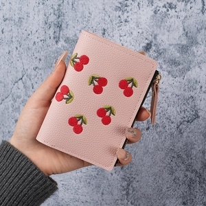 Women Short Wallet Cherry Embroidery PVC Leather Bifold Zipper Coin Pocket Card Holder Cute Fashion For Ladies