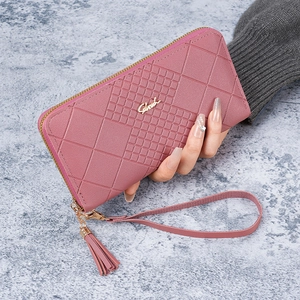 Portefeuille Long pour Femmes Motif Losanges Gaufré Avec Dragonne Gland Fermeture Éclair Pochette en Cuir Synthétique