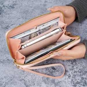 Portefeuille long rose pour femme avec dragonne et compartiments multifonctionnels