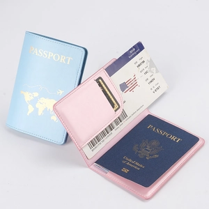Faux leather passport covers in blue and pink with gold map and multi-slot interior