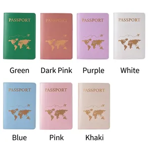 Faux leather travel passport covers in seven vibrant colors with world map and airplane design