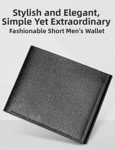 Detailed view of black bifold men's wallet featuring high-quality lychee texture leather