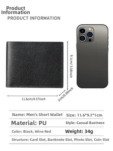 Short PU leather wallet for men shown with a smartphone to demonstrate the slim size