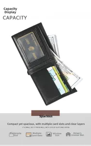 Detail of bifold men's wallet with large capacity card slots and ID window