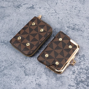 Compact geometric checkered wallet in brown with gold metal zip and snap closure