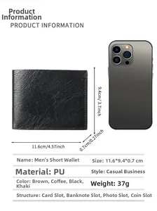Detailed size comparison of black bifold PU leather wallet and smartphone with dimensions