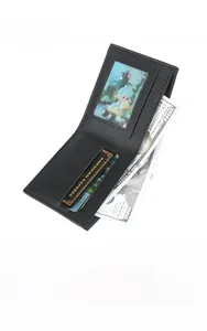 Detail view of the vertical leather wallet interior with multi-card slots and ID window