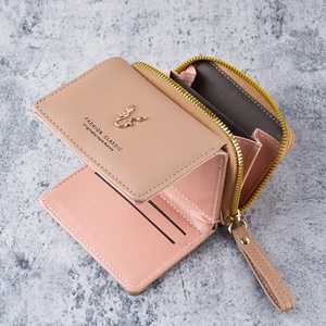 Short tri-fold PU leather wallet with elk logo and zip coin pocket in pastel tones