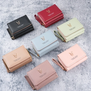 Short PU leather trifold wallets for women with deer head metal logo in seven colors