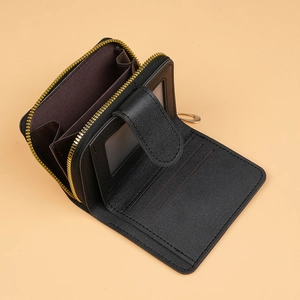 Compact black multi-slot women wallet with pebble texture and gold zipper detail